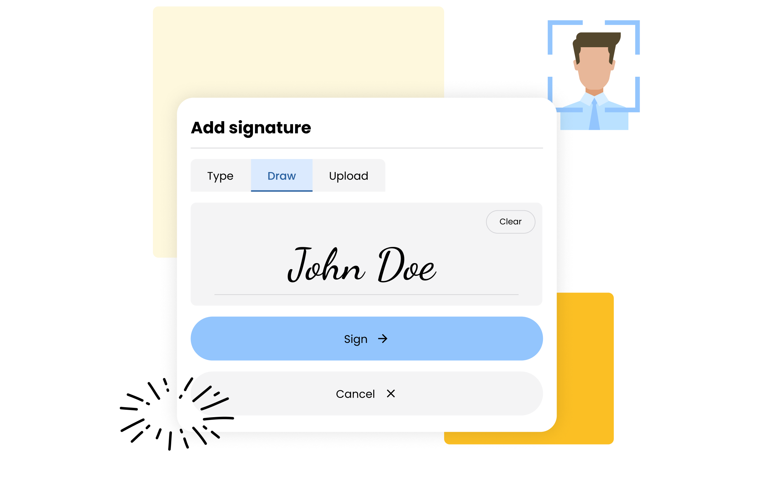 Visual showing an Add Signature dialog with tabs for Type/Draw/Upload, a handwritten signature preview, and Sign/Cancel buttons next to a face-capture icon