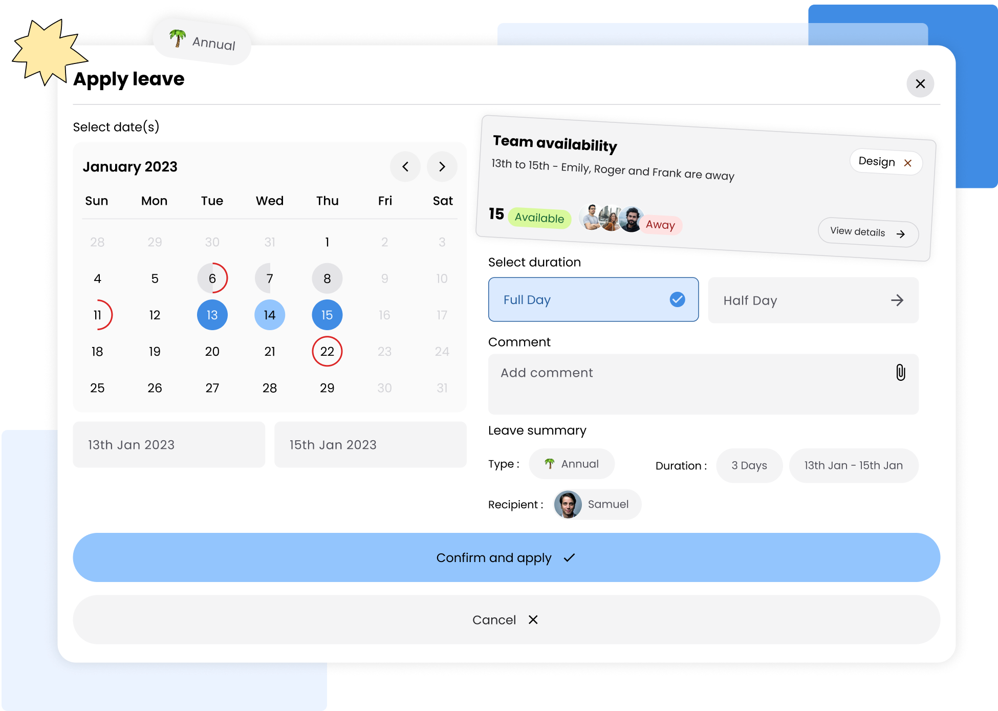 Visual showing a section with an overlaid “Apply leave” modal form