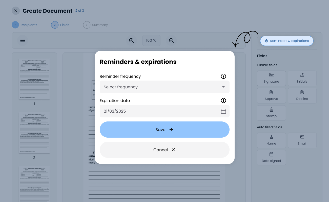 Visual showing a Reminders & Expirations modal overlay on a document editor, with a frequency dropdown, expiration date picker, and Save/Cancel buttons