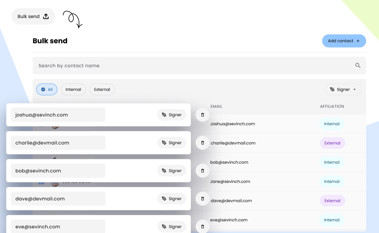 Visual showing a Bulk Send interface with a contact search bar, “All/Internal/External” filters, and a scrollable list of recipients labeled as Signer with their affiliations