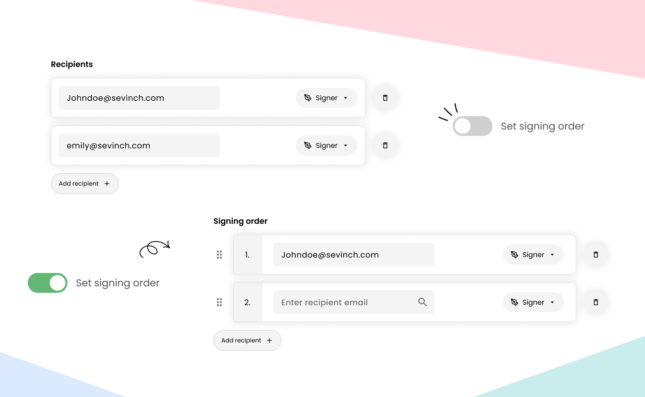 Visual showing a recipients panel listing email addresses with signer role badges, a toggle to set signing order, and sequenced input fields for ordered signing