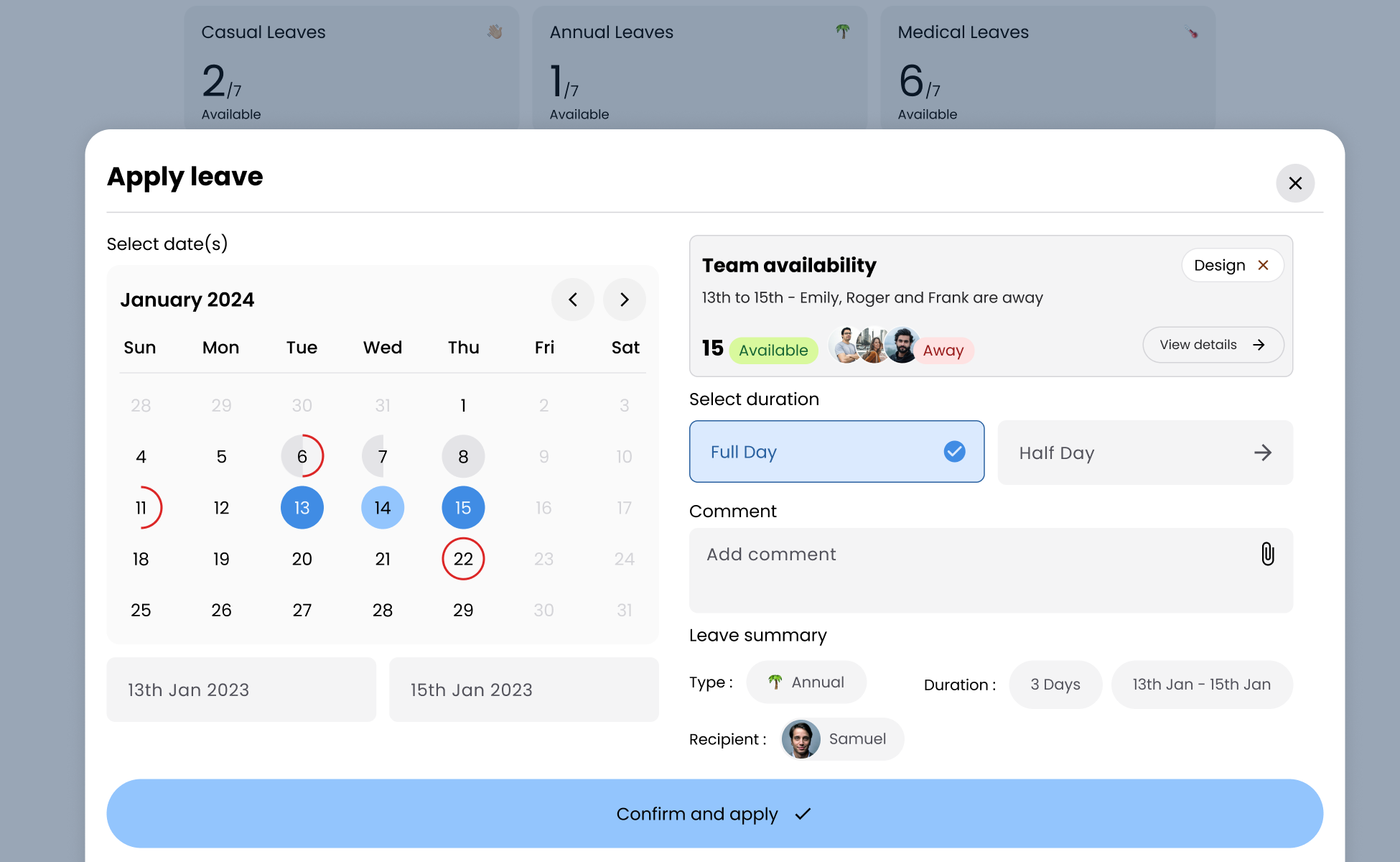 Visual showing a leave-management hero section with an overlaid leave-application form