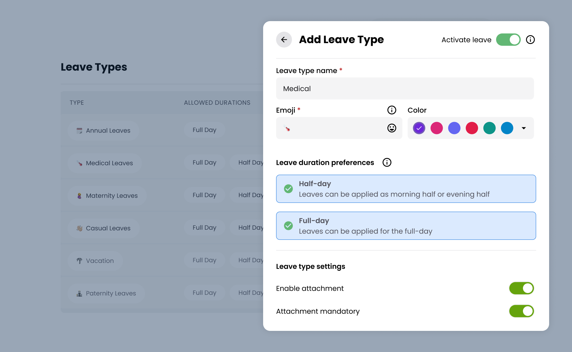 Visual showing a leave-type configuration dialog featuring name, emoji, color, duration, and attachment settings