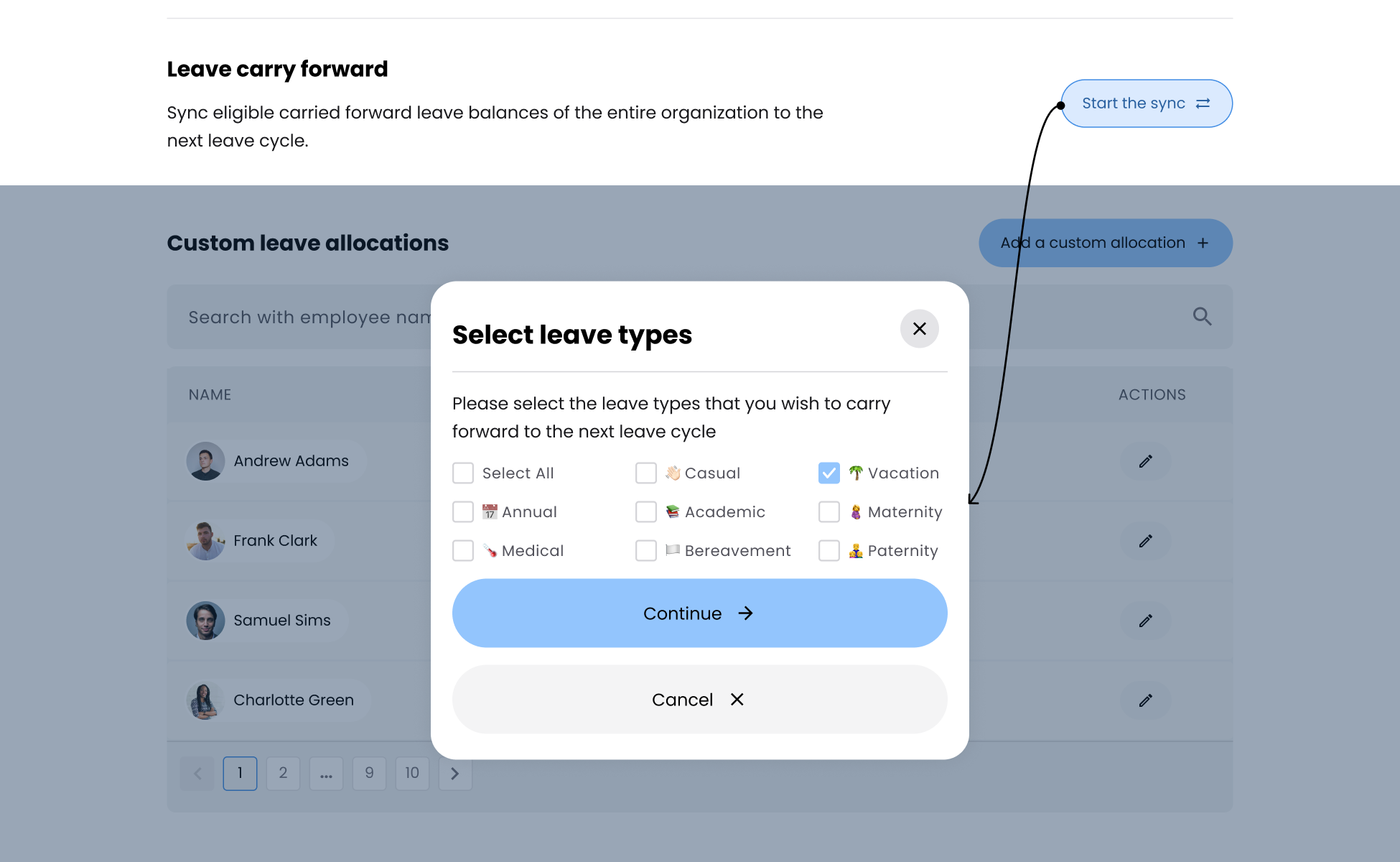 Visual showing a carry-forward selection dialog with checkboxes for leave types to sync, overlaid on a custom allocations table
