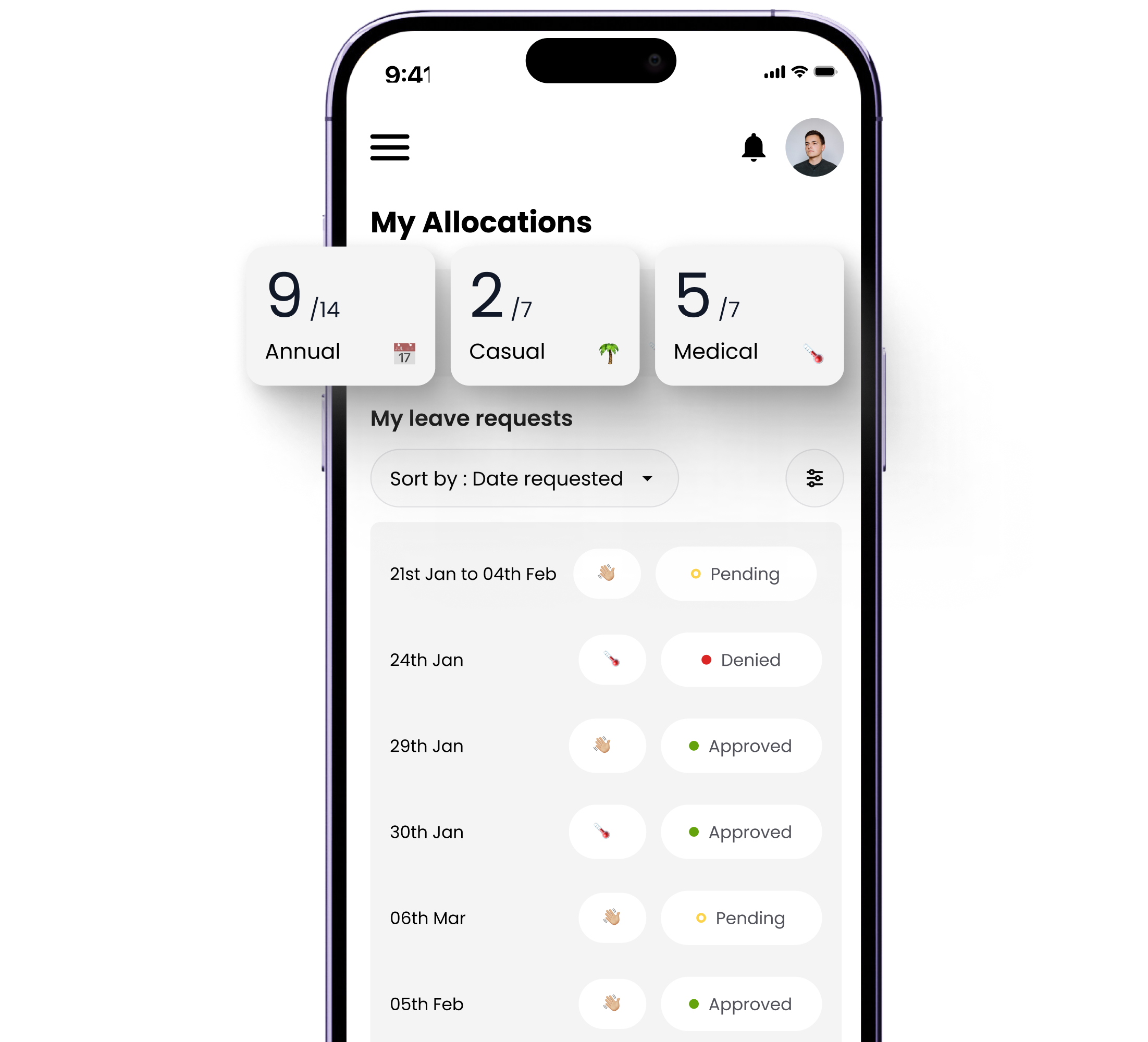 Visual showing a mobile leave dashboard with balance cards and request lists