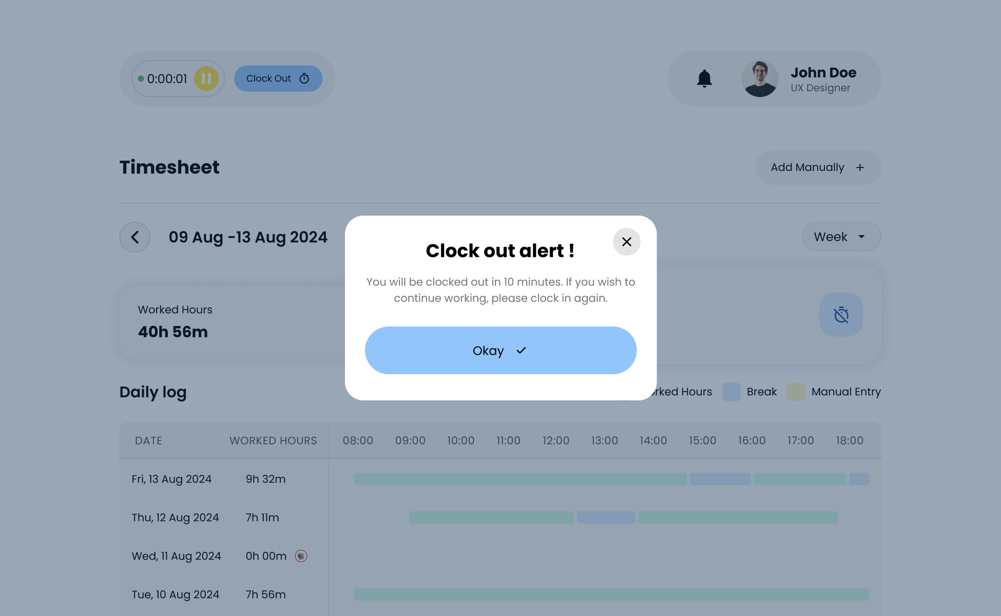 Visual showing a clock-out alert modal warning of impending automatic clock-out