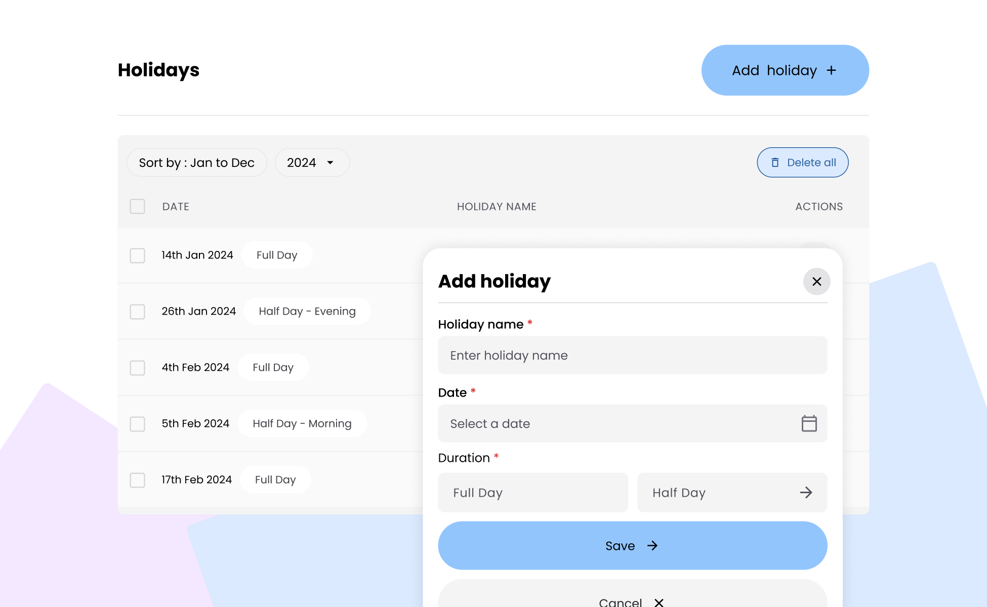 Visual showing a holidays calendar with an add-holiday modal overlay