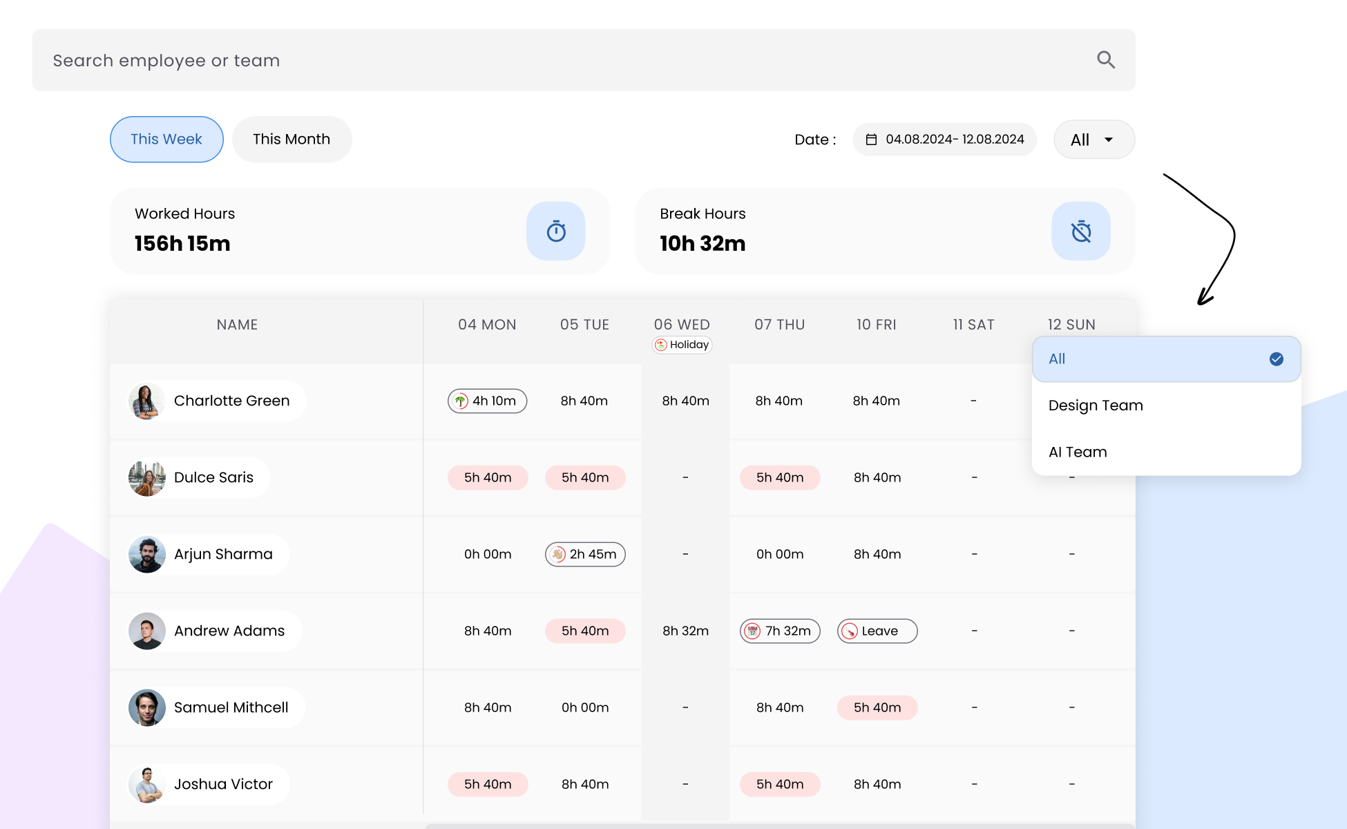 Visual showing a timesheet overview with weekly worked and break-hour totals, a team filter, and a daily log table